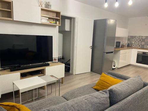 a living room with a gray couch and a television at Appartement plein centre à 50m de la plage in Soulac-sur-Mer