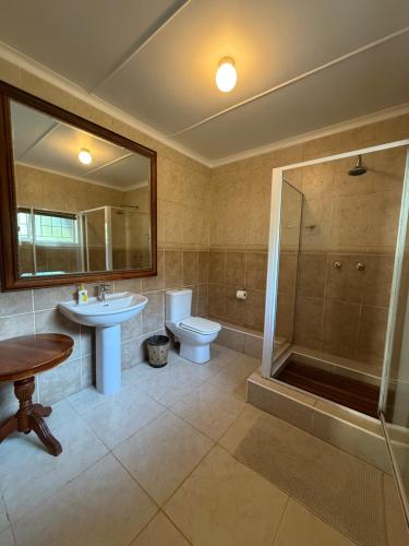 a bathroom with a toilet and a sink and a shower at Beachfront petfriendly cottage in Zinkwazi Beach