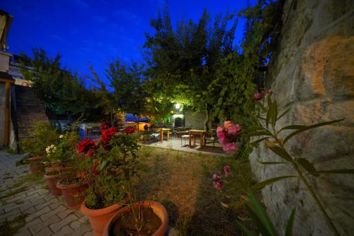 a group of potted plants in a yard at night at Glory Art Stone House in Goreme