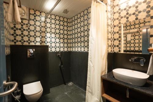 a bathroom with a toilet and a sink and a shower at Hotel Lake Metro in Udaipur