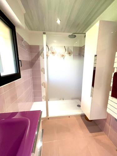 La salle de bains est pourvue d'une douche et d'un lavabo violet. dans l'établissement Vue Mer exceptionnelle au Grand Duc - Calme - Clim - garage, à Mandelieu-la-Napoule