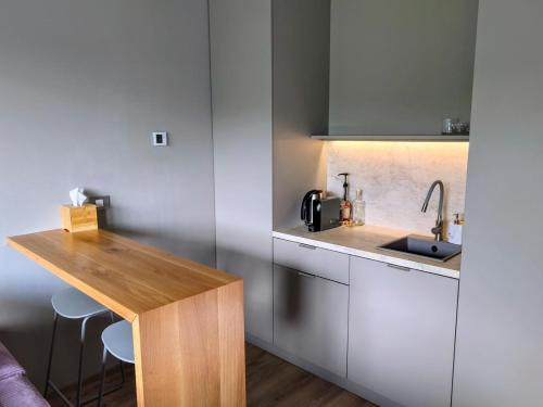 a kitchen with a sink and a wooden counter at Celest Boutique Urban Hideaway in Braşov
