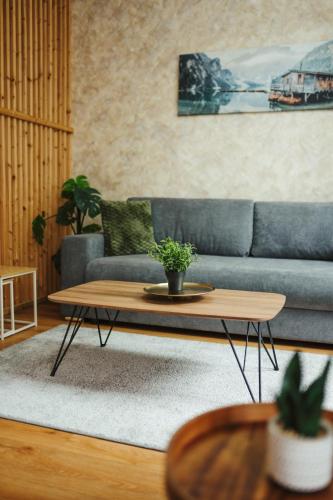 a living room with a blue couch and a coffee table at Apartmány J&J in Šumperk