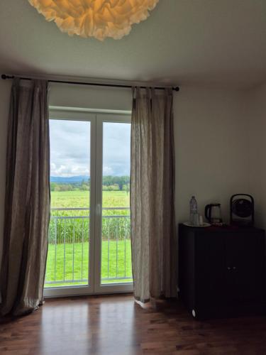 a room with a large sliding glass door with a view at JM Swiss Space in Langrickenbach