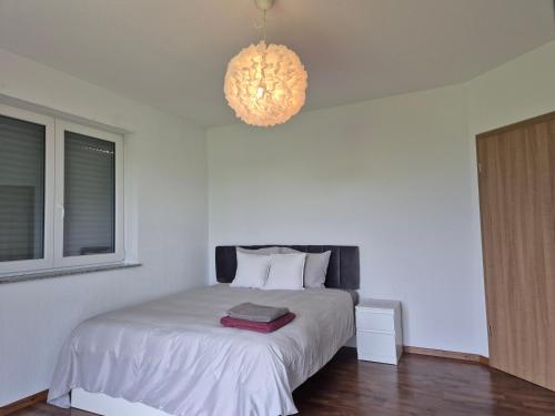 a bedroom with a bed and a chandelier at JM Swiss Space in Langrickenbach
