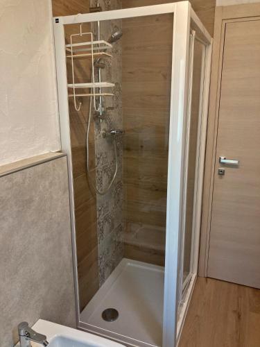 a shower with a glass door in a bathroom at La Petite Marguerite in Bionaz