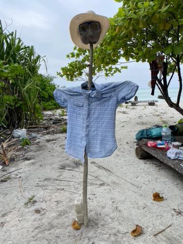 a hat and a shirt on a tree on the beach at Rihiveli inn 
