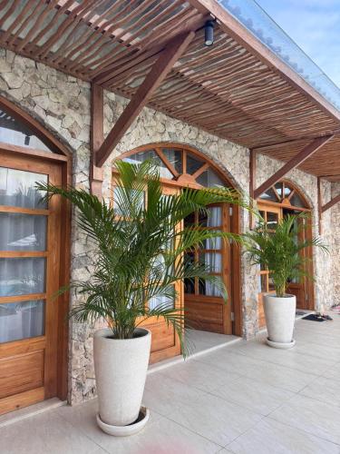 two potted plants in front of a building at Casa Samudra - charming & spacious villa by the sea surrounded by nature in Selong Belanak