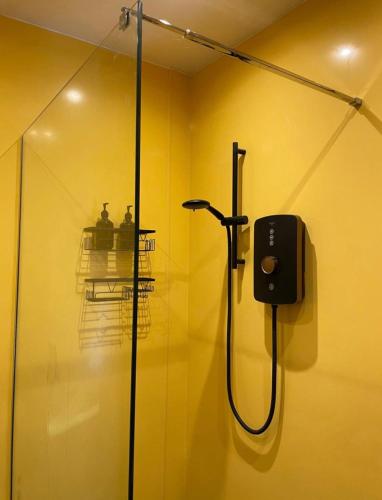 a shower stall in a bathroom with two people at Nordic Nest in Llandowror