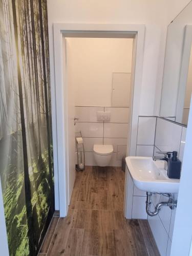 a bathroom with a toilet and a sink at Studio-Apartment Euchen mit 1 Doppelbett in Würselen