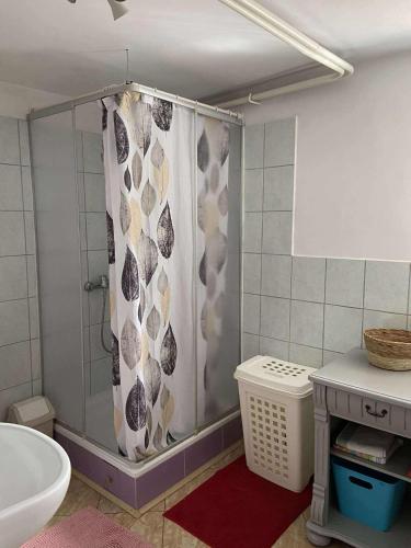 a bathroom with a shower with a shower curtain at Pokoje u Ani i Zbyszka in Wilkasy