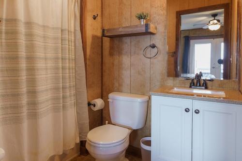 une salle de bain avec toilettes, lavabo et miroir dans l'établissement Mountain Overlook Supercabin, à Rileyville