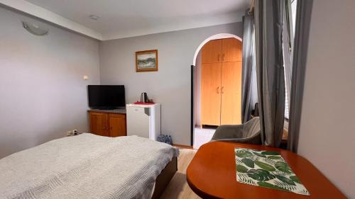 a bedroom with a bed and a television in it at Pokoje Wczasowe Barbara in Ustka