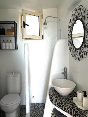 a bathroom with a sink and a toilet and a mirror at Sea You Soon & Spa 1 in Methana