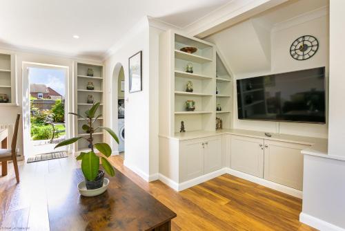 a living room with a tv and a potted plant at Cherry Tree Cottage in Bicester