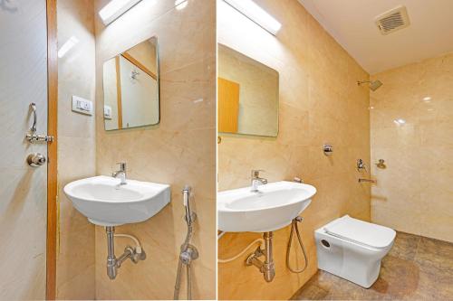 two pictures of a bathroom with a sink and a toilet at FabHotel Siddarth in Vijayawāda