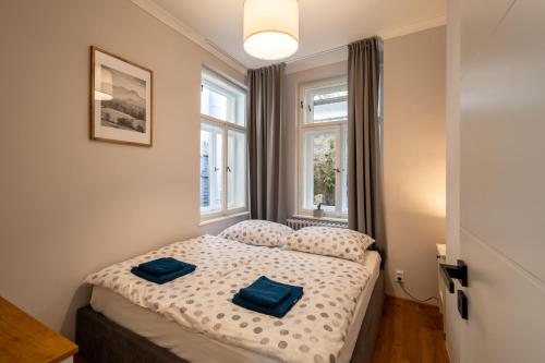 ein kleines Schlafzimmer mit einem Bett mit blauen Kissen darauf in der Unterkunft Apartmány Leopard in Karlsbad