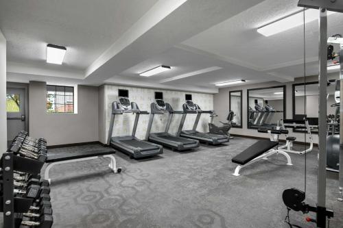 a gym with a row of treadles and mirrors at Residence Inn by Marriott Salt Lake City Downtown in Salt Lake City