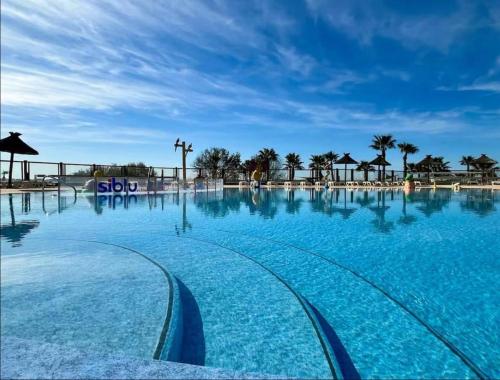 a large swimming pool with blue water and palm trees at Camping le lac des rêves Mobil home "Séléna" possibilité location trottinette Electrique in Lattes