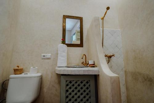a bathroom with a sink and a toilet and a mirror at Dar Inara in Marrakech