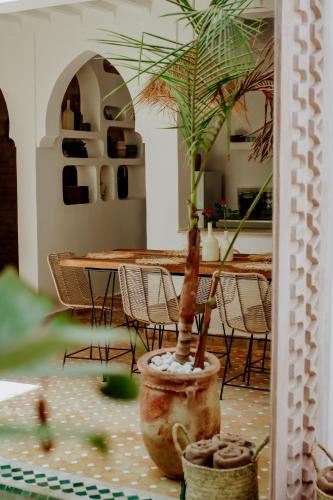 a potted plant in a room with a table and chairs at Dar Inara in Marrakech