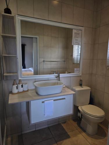 a bathroom with a sink and a toilet and a mirror at Amelia's by the Sea in Groot Brak Rivier