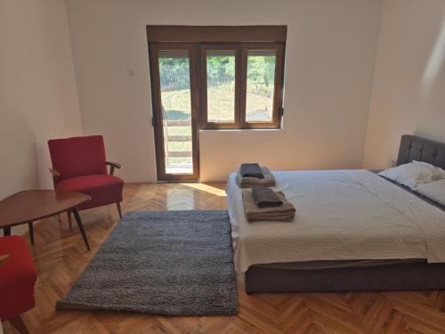 a bedroom with a bed and a table and a chair at Domacinstvo Pecina Petnica in Petnica