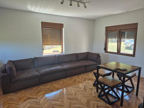 a living room with a couch and a table at Domacinstvo Pecina Petnica in Petnica