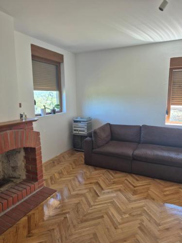 a living room with a couch and a fireplace at Domacinstvo Pecina Petnica in Petnica