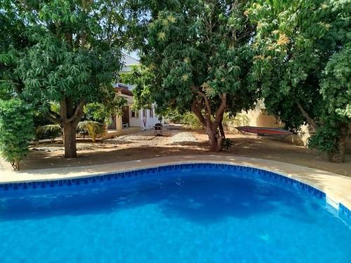 a blue swimming pool in a yard with trees at Sen Keur in Somone