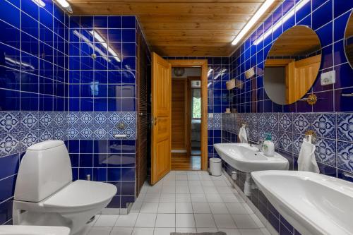 a blue tiled bathroom with a toilet and a sink at Scenic Lakehouse near Stockholm with Sauna & Jetty in Huddinge