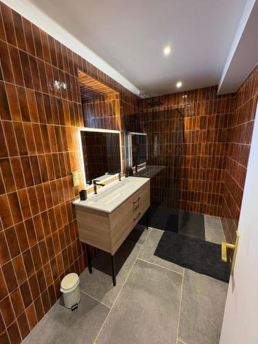 a bathroom with a tub and a sink and a mirror at La Grange de Molière in La Chapelle-Aubareil