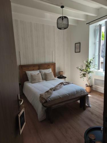 a bedroom with a bed and a potted plant at Les Chambres de Nelly in Cravant-les-Coteaux