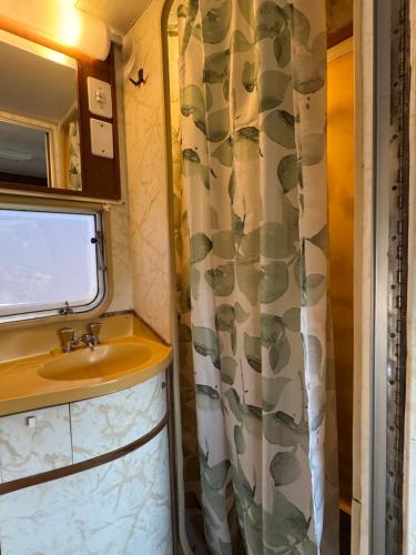 a bathroom with a sink and a shower curtain at Trailer Vintage no Sítio Wanderlust in Rolante