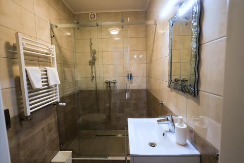 a bathroom with a shower and a sink and a shower at Hotel am Park in Braunschweig