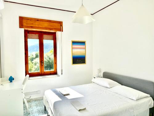 ein weißes Schlafzimmer mit einem Bett und einem Fenster in der Unterkunft Villa Giordano in Acquavella