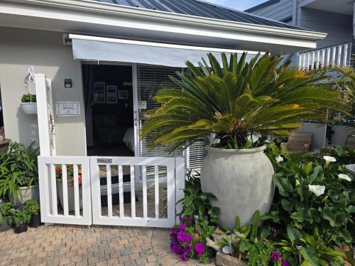 a porch with a white gate and a potted plant at Amelia's by the Sea in Groot Brak Rivier