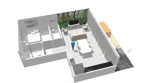 un plan d'étage d'une maison avec un homme debout dans le salon dans l'établissement Escale-marne fr - 001 - RDC - Private Terrace - Free Parking - Free Luggage Storage - Metro 8 Eiffel Tower -All equipped - Linen Included - Washing Machine - Dish Washer - Luxury Mattress 160X200 - Panoramic View - From 1 to 4 guests, à Maisons-Alfort