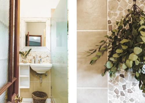 2 Bilder eines Badezimmers mit Waschbecken und Spiegel in der Unterkunft Cape Cottages in Bergvliet