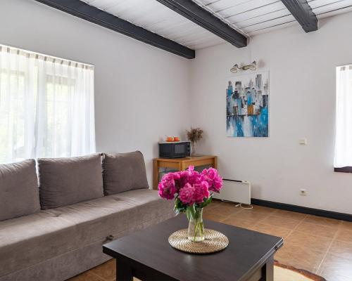 a living room with a couch and a table with pink flowers at Slėnis Trakuose in Trakai