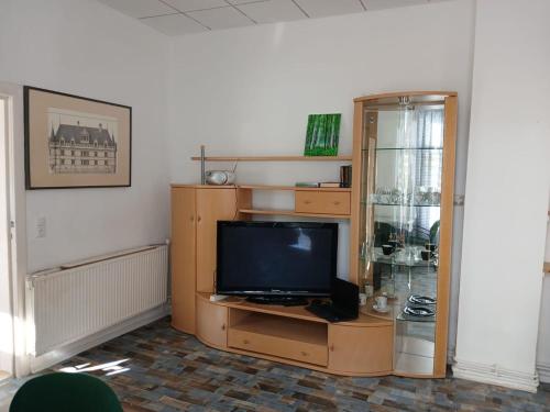 a living room with a television on a wooden entertainment center at Appartement mit Garten zentrumnah in Schwerin