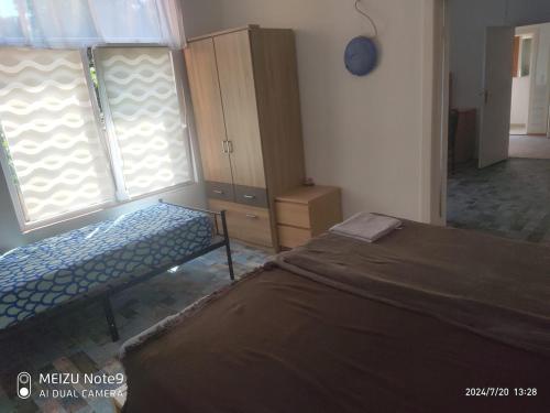a bedroom with a bed and two windows at Appartement mit Garten zentrumnah in Schwerin