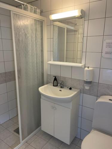 a bathroom with a sink and a shower and a toilet at Sogndal Bed & Breakfast in Sogndal