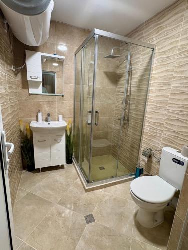a bathroom with a shower and a toilet and a sink at Historic Center Apartment in Ruse