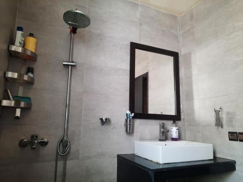 a bathroom with a sink and a mirror and a shower at B&B Séjour chez l'habitant in Rabat