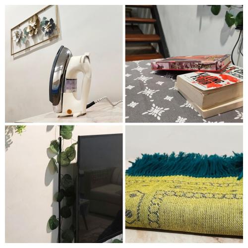 a collage of pictures with a hair dryer and a room at Lyallpur Galleria Mall Apartment, 1 BHK, 1 Bedroom with Living Room, Basement Parking, 24x7 Security in Faisalabad
