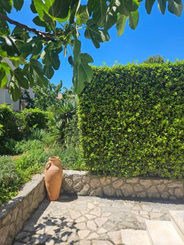 a vase sitting on a sidewalk next to a hedge at Apartmani Anna in Omišalj