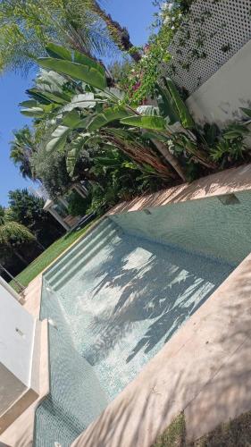 a swimming pool next to a wooden deck with plants at Luxury Villa with Pool & Garden in Casablanca in Tamaris