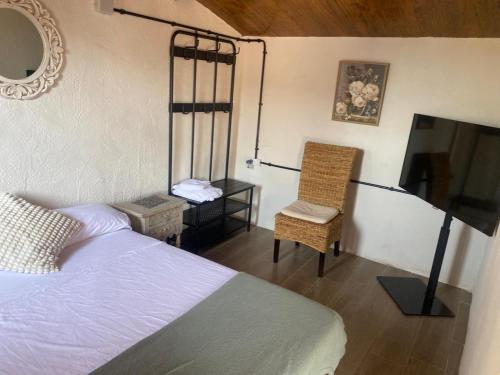a bedroom with a bed and a chair and a television at La Terreta hotel casa rural in El Brosquil