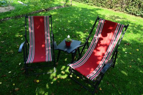 two chairs and a table in the grass at Cabane du hibou in Beauraing